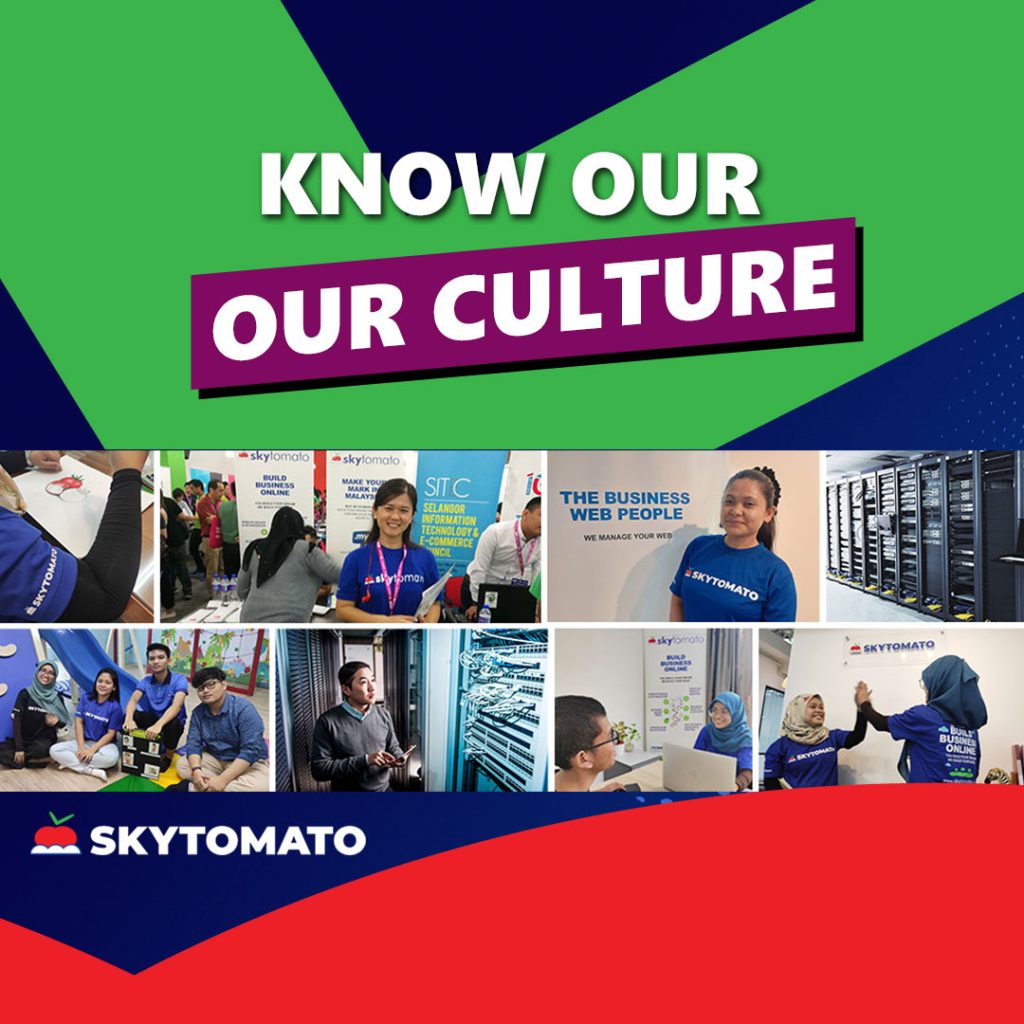 Promotional graphic with ‘KNOW OUR CULTURE’ heading, showcasing our people in various work settings and the SKYTOMATO logo