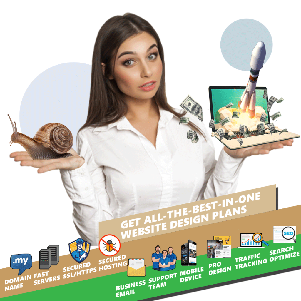 A white shirt woman with a confused face comparing a slow snail to a fast rocket launching from a laptop, symbolizing the benefits of website design plans that include fast servers, secured hosting, mobile compatibility, professional design, traffic tracking, and search optimization